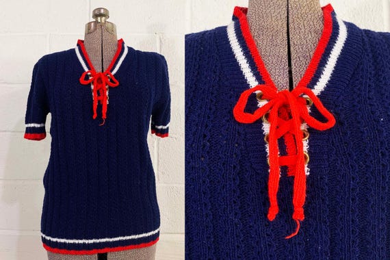 Vintage Sweater Pullover Navy Blue White Red Yellow 1970s 70s Tie Neck Short Sleeve Knit Miss Scotch English Large