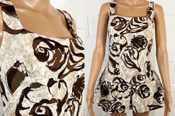 Vintage 1960s Skirted Swimsuit 1950s Brown Seashell Skirt Beach Bum One Piece Bathing Suit Shapemaid Large