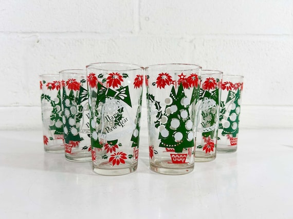 Vintage Christmas Glasses Set of 6 Mid Century Holiday Glass Barware Cocktail 1950s MCM New Years Hazel Atlas Continental Party Glassware
