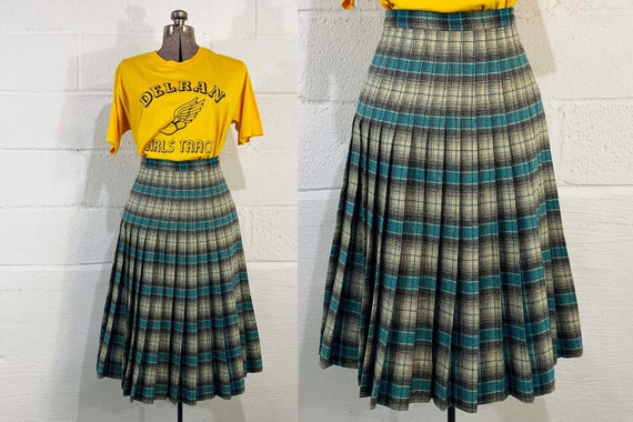 Vintage Pleated Wool Plaid Skirt Autumn Fall Back to School Blue Cream Beige Gray Boho 1960s 1970s Small XS