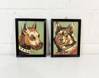 Vintage Dog Paint By Numbers Set of 2 Great Dane German Shepherd Framed Art Mid-Century Home Decor Pair 1960s 1970s