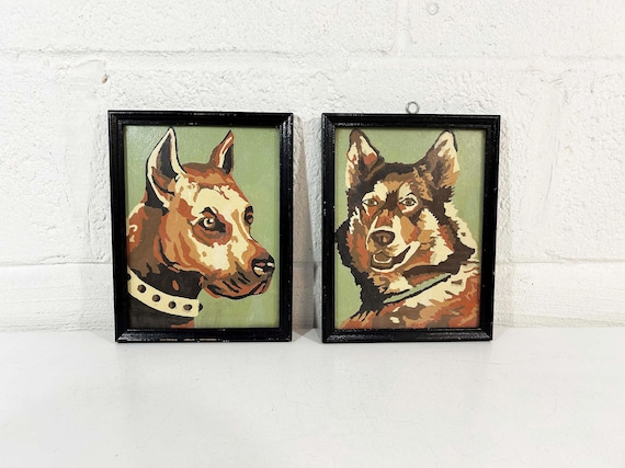 Vintage Dog Paint By Numbers Set of 2 Great Dane German Shepherd Framed Art  Home Decor Pair 1960s 1970s