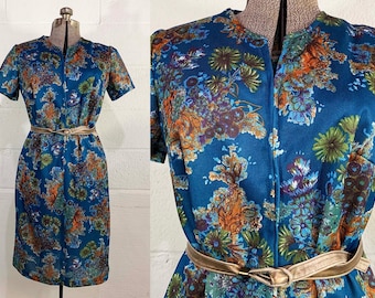 Vintage Blue Floral Dress Flowers Shift 1960s Mid-Century Mod Short Sleeves Large Medium