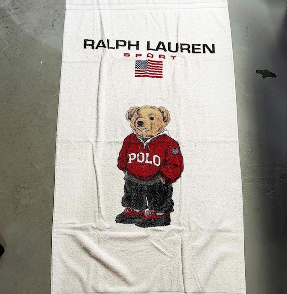 Vintage 90s Ralph Lauren Polo Sport Bear Beach Towel Blanket Nautical Cotton Red White Blue 1990s Made in the USA Pool