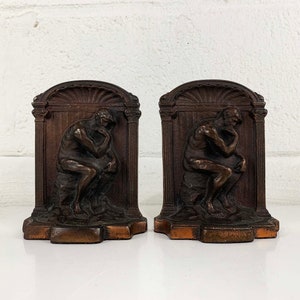 Vintage Cast Metal Art Deco Thinking Man Bookends The Thinker Figurine Home Decor Bookcase Book Shelf 1940s 1950s image 3