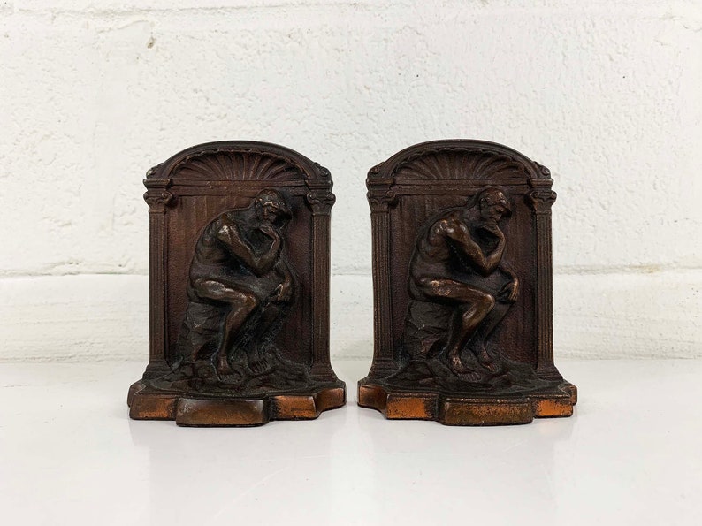 Vintage Cast Metal Art Deco Thinking Man Bookends The Thinker Figurine Home Decor Bookcase Book Shelf 1940s 1950s image 3