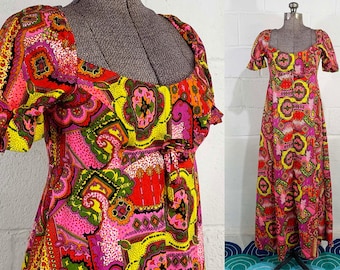 Vintage Hostess Dress Maxi Fuchsia Pink Tiki Short Sleeves Hawaii Empire Waist A-Line Tropical Day-Glo Sweetheart Scoop Neck XS XXS 1960s