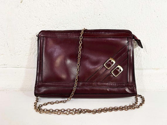 Vintage Maroon Leather Shoulder Bag Purse Handbag Burgundy Merlot Bow Envelope Crossbody Clutch Chain Strap Evening 1980s 1970s