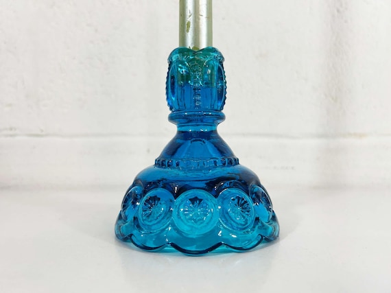 Vintage Glass Moon & Stars Blue Candle Holder Candlestick Mid-Century Candleholder Wedding MCM 1960s L.E. Smith Moon Stars Colonial 1970s