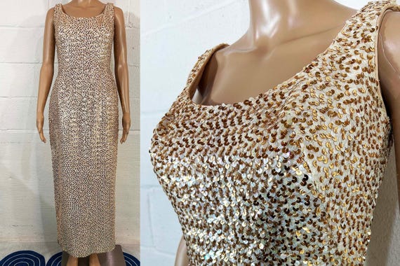 Vintage Champagne Sequin Dress Wiggle Formal Maxi 1960s Holiday Party Formal New Year's XS