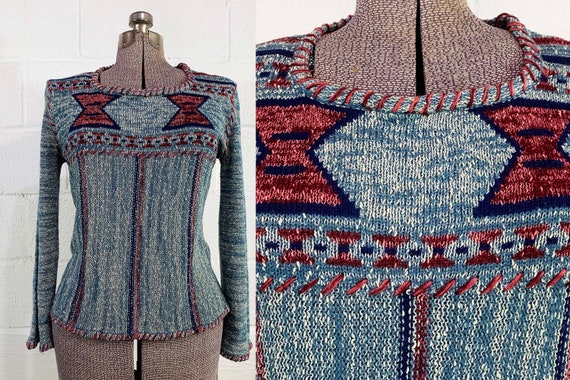 Vintage Penrose Sweater Bell Sleeves Blue Space Dyed Scoop Neck Long Sleeve Ikat Aztec Western TV Movie Costume 70s 1970s Medium