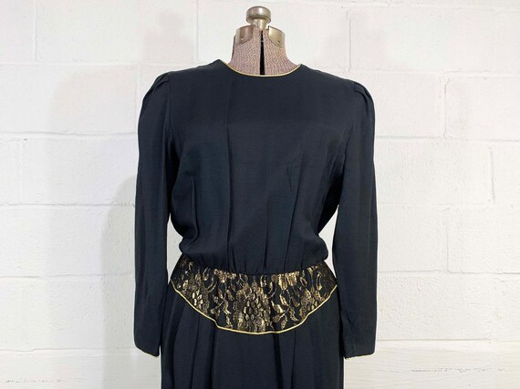 Vintage Black Cocktail Dress Gold Lace Long Sleev… - image 3