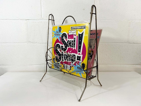 Vintage Magazine Rack Mid Century Gold Metal Record Holder Basket MCM 1960s