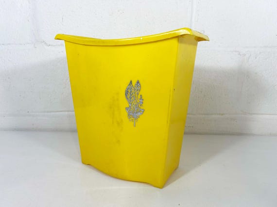 Vintage Yellow Plastic Trash Can with Silver Leaf Detail