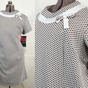 Vintage 1960s Plus Size Dress Deadstock Shift Mod White Brown Short Sleeve Geometric Diamond Grid  Curvy Volup XXL 2XL 3XL 2X 3X