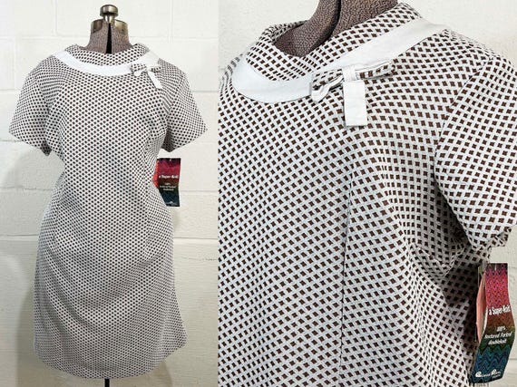Vintage 1960s Plus Size Dress Deadstock Shift Mod White Brown Short Sleeve Geometric Diamond Grid  Curvy Volup XXL 2XL 3XL 2X 3X