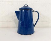 Vintage Navy Blue Enamel Teapot Poland Handle Danish Style Farmhouse Decor Splatter Speckled Mid-Century Kitchen Home Retro 1970s