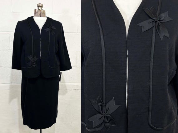 Vintage Gloria Swanson Forever Young Skirt Suit Outfit 3/4 Sleeve Top Shirt Black Bows Separates Secretary Outfit 1960s Medium Large