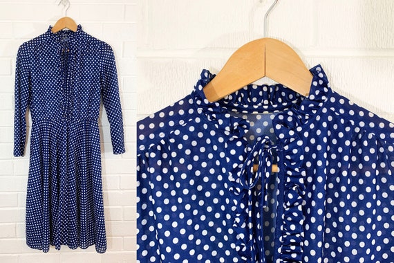 Vintage 1970s 1980s Navy Blue White Polka Dot Dres
