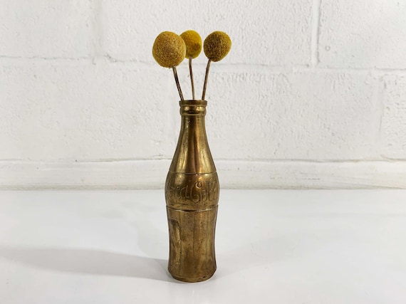 Vintage Brass Soda Bottle Vase Mid-Century Hollywood Regency Decor Pop Retro Metal Cola 1970s