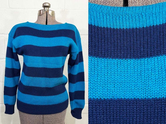Vintage Wool Striped Blue Long Sleeve Sweater Saturday's Generation Bloomingdale's Y.E.S. Young East Sider 1970s Stripe Large Medium