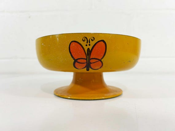 Vintage Plastic Butterfly Bowl 1960s 1970s Yellow Orange Pedestal Tray Lacquer Mid-Century