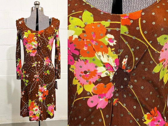 Vintage Brown Floral Dress Long Sleeve Scoop Neck A-Line Mod Twiggy Silver Polka Dot Orange Pink 1970s Small