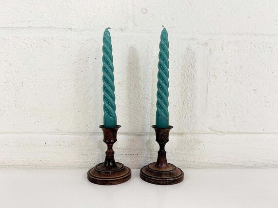 Vintage Metal Black Pink Marbleized Candle Holders Pair Candlesticks Mid-Century Candleholder Wedding Candlestick Boho 1970s 1960s