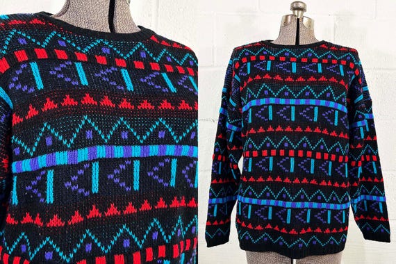 Vintage Black Colorful Sweater 1980s Long Sleeves Geometric Knit Design Rainbow Pattern Cozy In Resource Doris Skis 1990s XL Large XXL