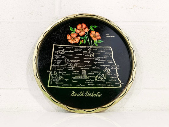 Vintage Metal North Dakota Drink Tray Plate Souvenir Retro Round Mid-Century Barware Black White Green Wild Praire Rose Bar Bismarck
