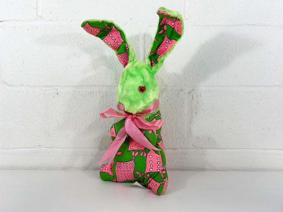 Vintage Stuffed Easter Bunny Animal Dollcraft Rabbit Flowers Nursery Kid's Room Floral Union Made Pink Lime Green 1960s Deadstock NOS Toy