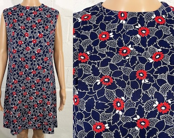Falda pantalón floral vintage de los años 50, vestido azul marino sin mangas (talla mediana)