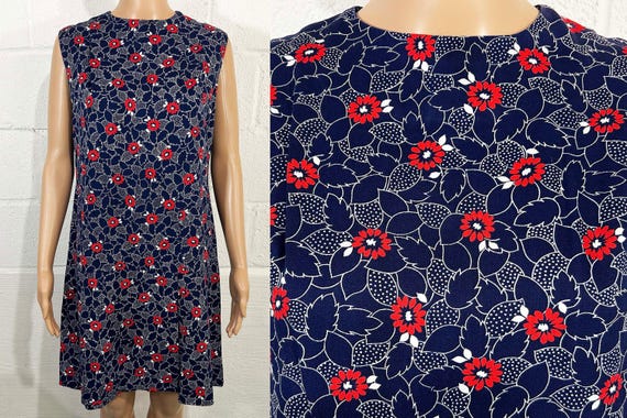 Vintage Navy Blue Romper Skort Red Floral Dress Sleeveless Skirt 1950s Tank Mod Summer Medium