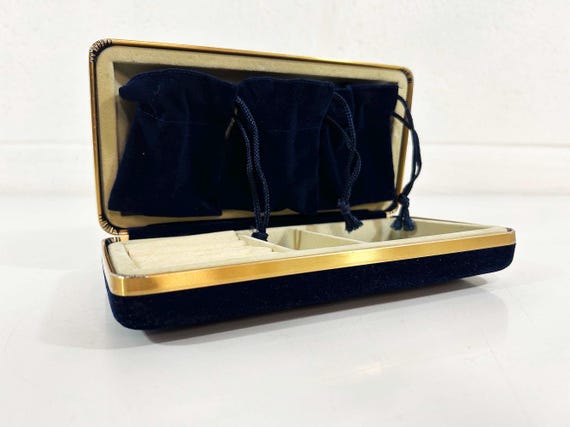 Vintage Vintage Navy Blue Jewelry Box Velvet Earring Ring Case Gold Storage 1970s