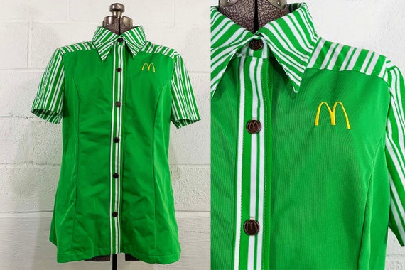 Vintage McDonald’s Uniform Shirt 1976 Crest 1970s Kelly Green White Fast Food Restaurant Dead Stock NOS Deadstock Medium Small