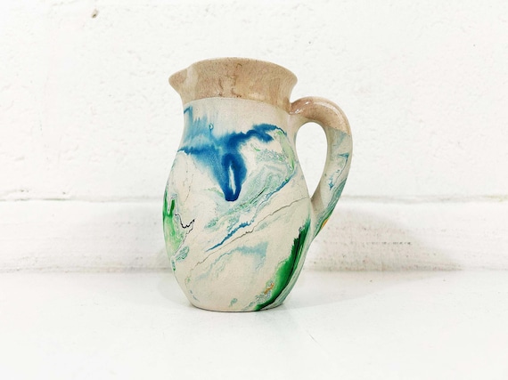 Vintage Nemadji Pitcher Green Blue Art Pottery Seven Falls Colorado Souvenir 1970s