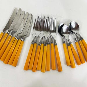 Vintage Yellow Utensil Set Forks Knives Spoons Stainless Flatware Silverware Set of 21 Mid-Century 1960s