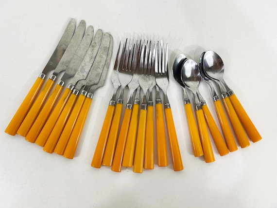 Vintage Yellow Forks Knives Spoons Stainless Plastic Mid Century Flatware Modern Silverware Set of 21 Mid-Century Retro Kitchen Steel 1970s