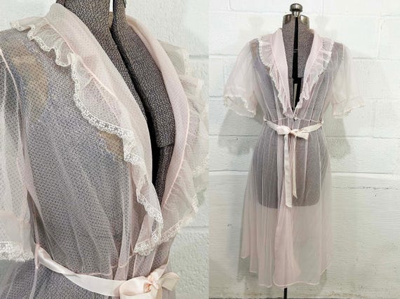 Vintage Henson Lingerie Pink Peignoir Robe Nightgown Pajamas PJ Sleep Sheer Sleepwear Jacket 1950s Small XS