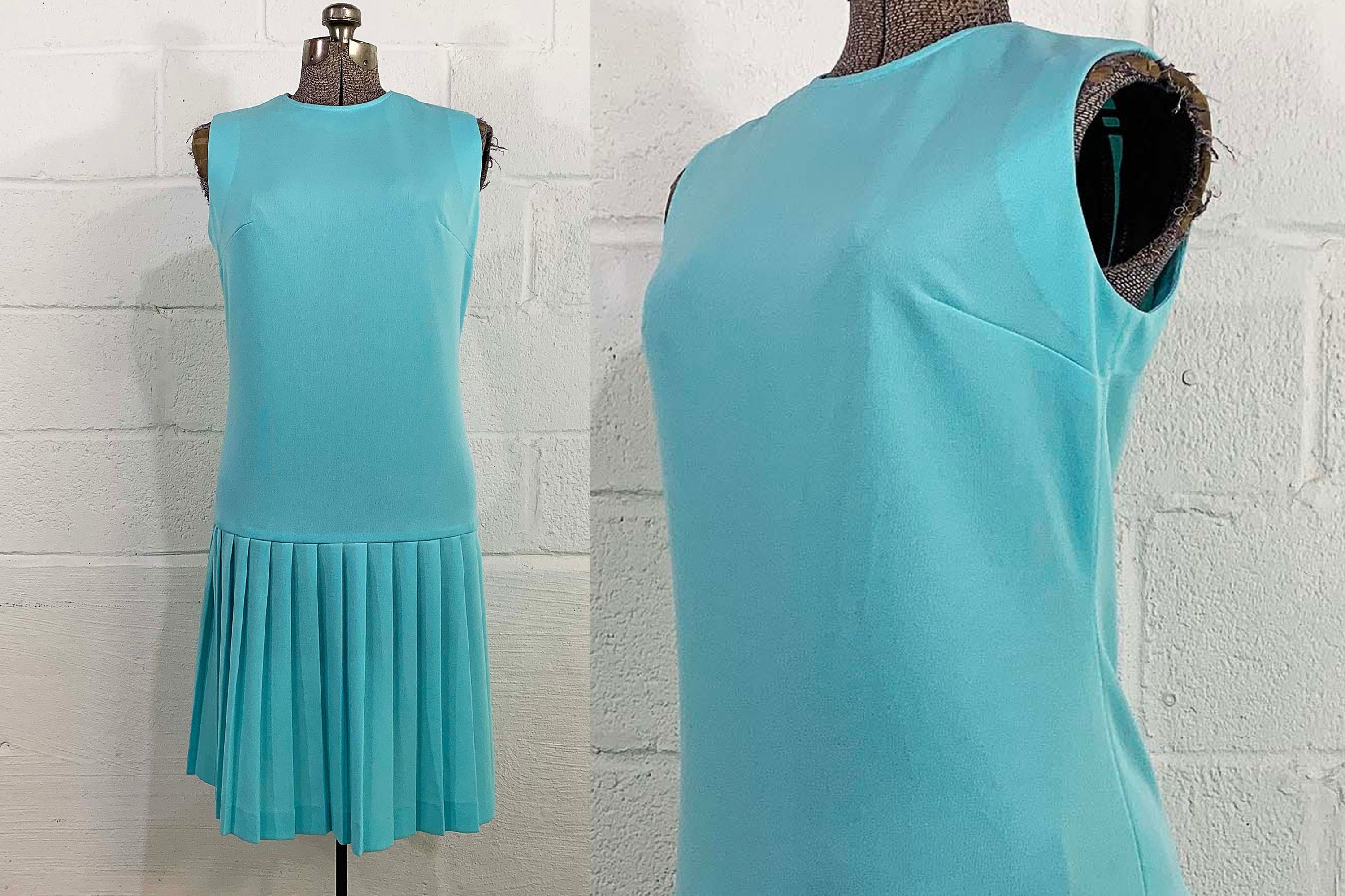 Vintage Blue Drop Waist Dress 60s Mod Tennis Pleated Scooter Twiggy  Sleeveless 1960s Mid-Century Wedding Fashion Teal Medium