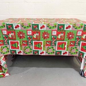 Vintage Christmas Tablecloth Holiday Mid-Century Rectangle Floral Poinsettia Table Cloth Dining Kitchen White Red 1960s image 3