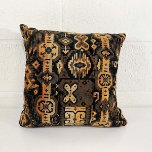 Vintage Black Brown Geometric Pillow Ikat Tan Square Velvet Accent 1970s 70s Home Decor Throw Sofa Couch image 1