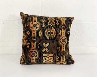 Vintage Black Brown Geometric Pillow Ikat Tan Square Velvet Accent 1970s 70s Home Decor Throw Sofa Couch