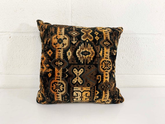 Vintage Black Brown Geometric Pillow Ikat Tan Square Velvet Accent 1970s 70s Home Decor Throw Sofa Couch