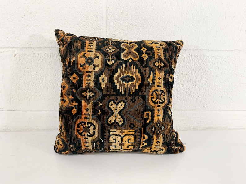 Vintage Black Brown Geometric Pillow Ikat Tan Square Velvet Accent 1970s 70s Home Decor Throw Sofa Couch image 1