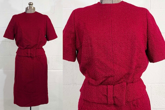 Vintage Burgundy Shift Dress Maroon Sheath Wiggle Bouclé Mod Scooter Twiggy Short Sleeves Belted Small Medium 1960s