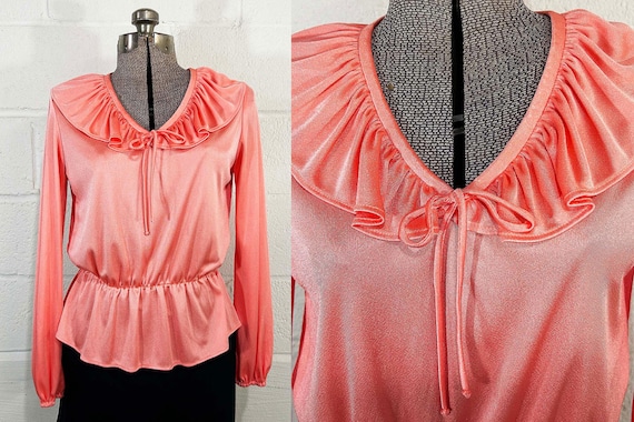 Vintage Peach Peasant Top Carol Craig Boho Hippie Long Sleeved Gathered Tie V Neck 1960s Medium Large