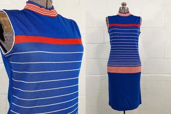 Vintage Striped Blue Knit Dress Stripe White Red Nautical Sleeveless 1970s 70s Mod Bodycon Mockneck Union Made 1960s 60s Small