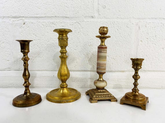 Vintage Brass Set of 4 Candle Holders Candlesticks Mismatched Decor Mid-Century Wedding Bridal Shower Candleholder 1970s