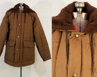 Vintage Brown Parka Coat Winter Aberdeen Orange Lining Jacket Hipster Lined Hooded Hood Deadstock NOS 1970s 70s Medium